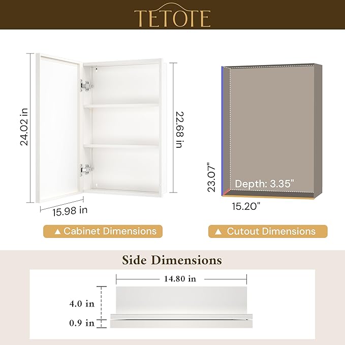TETOTE White Medicine Cabinet 16" x 24" Bathroom Mirror with Storage Stepless Adjustable Shelves Beveled Aluminum Framed Modern Farmhouse Medicine Cabinets Recessed or Wall-Mounted