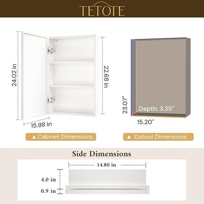 TETOTE White Medicine Cabinet 16" x 24" Bathroom Mirror with Storage Stepless Adjustable Shelves Beveled Aluminum Framed Modern Farmhouse Medicine Cabinets Recessed or Wall-Mounted