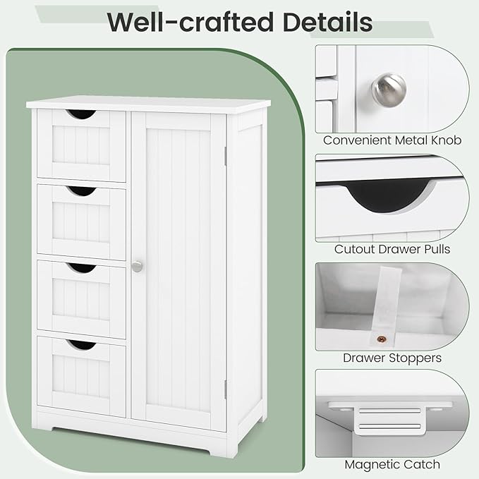 Tangkula Bathroom Floor Cabinet, Freestanding Storage Cabinet with 4 Drawers & Single Door, Adjustable Shelf, Multipurpose Bathroom Storage for Home Office, 21.5 x 12 x 32.5 Inches (White)