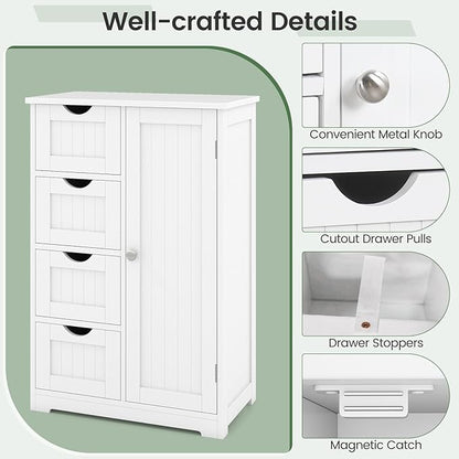 Tangkula Bathroom Floor Cabinet, Freestanding Storage Cabinet with 4 Drawers & Single Door, Adjustable Shelf, Multipurpose Bathroom Storage for Home Office, 21.5 x 12 x 32.5 Inches (White)