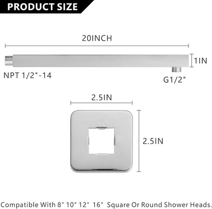 Voolan 20" Square Shower Arm with Flange and Teflon Tape, Extension Shower Head Arm for Bathroom Fixed Shower Head, Solid Stainless Steel, Wall Mounted (Chrome)