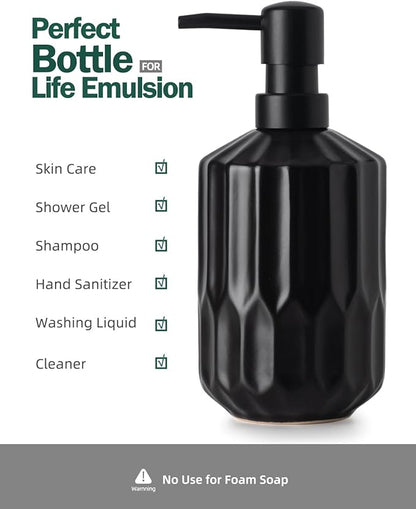 Fun Elements Bathroom Soap Dispenser, 16 Oz Luxurious Hand soap Dispenser for Bathroom, Ceramic Liquid Soap Dispenser for Bathroom Countertop with Plastic Pump, Silicone Funnel（Black Bottle）
