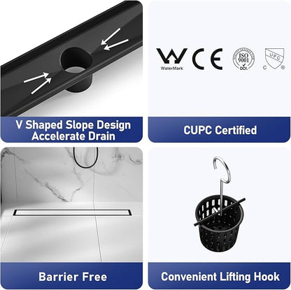 Linear Shower Drain 24", Matte Black Floor Drain with Tiled Insert Grate & Hair Strainer, 304 Stainless Steel Bathroom 2-in-1 Tiled in Drain, CUPC Certified (Matte Black, 24'')