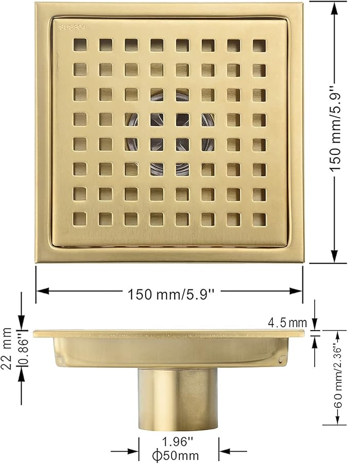 Square Shower Floor Drain Brushed Gold 6 Inch，Grille with Removable Cover,SUS304 Stainless Steel