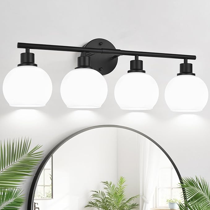 4-Light Bathroom Light Fixtures, Black Bathroom Lights Over Mirror with Milky White Frosted Glass Globe Shade, Vanity Lights for Bathroom Kitchen Living Room Hallway Cabinet Bedroom Porch
