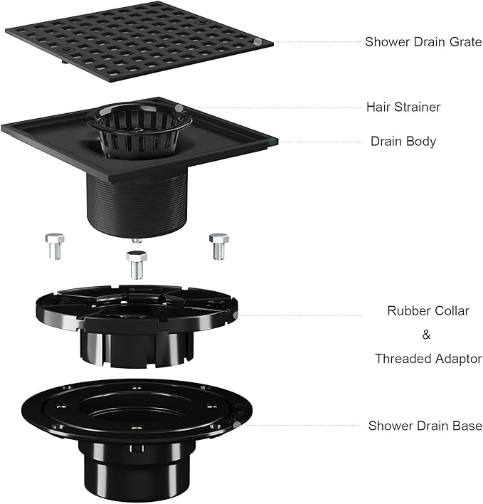 4 Inch Square Shower Floor Drain, Matte Black 304 Stainless Steel Shower Floor Drain Kit with ABS Flange for 2" or 3" Pipe, Removable Grid Cover Hair Strainer Catcher,CUPC Certified