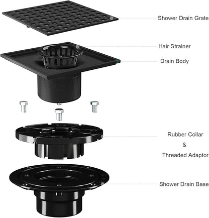 4 Inch Square Shower Floor Drain, Matte Black 304 Stainless Steel Shower Floor Drain Kit with ABS Flange for 2" or 3" Pipe, Removable Grid Cover Hair Strainer Catcher,CUPC Certified