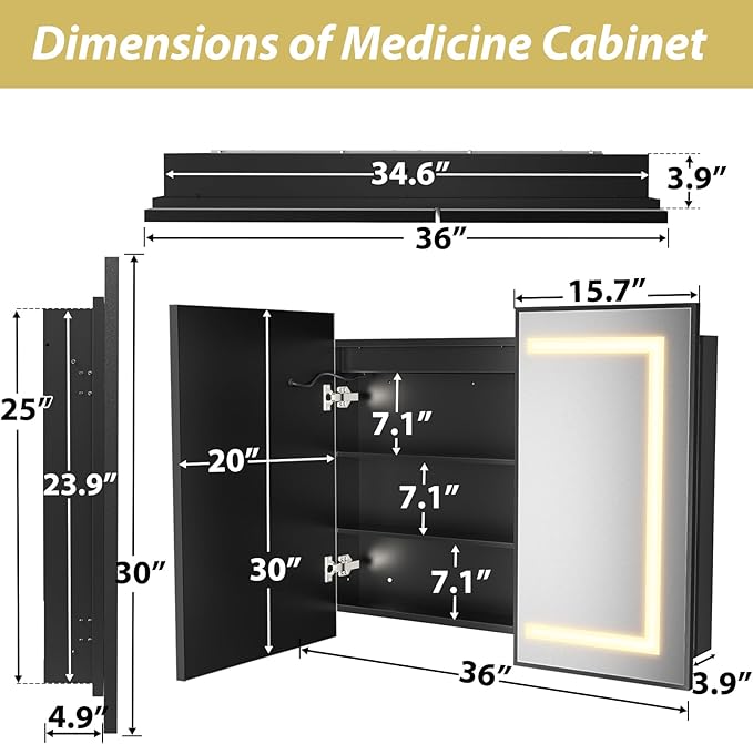 APRILSOUL 36X30 Inch Black Bathroom Medicine Cabinet with Mirror, Recessed or Surface Lighted Medicine Cabinet with 3 Colors Temperature, Dimmable Light