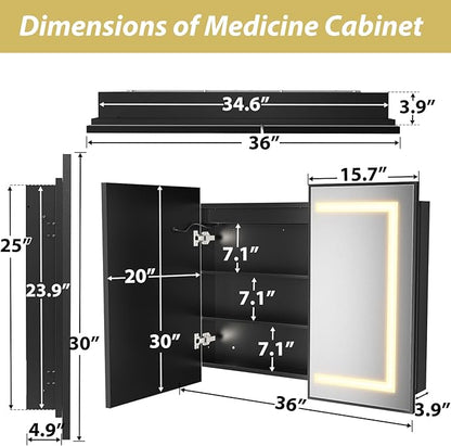 APRILSOUL 36X30 Inch Black Bathroom Medicine Cabinet with Mirror, Recessed or Surface Lighted Medicine Cabinet with 3 Colors Temperature, Dimmable Light