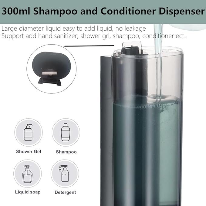 Manual Bathroom Wall Mounted Soap Dispenser, 10oz/300ml Single Black Bathroom Shampoo and Conditioner Dispenser, Clear Plastic Refillable Liquid Lotion Pump Dispenser and Organizer