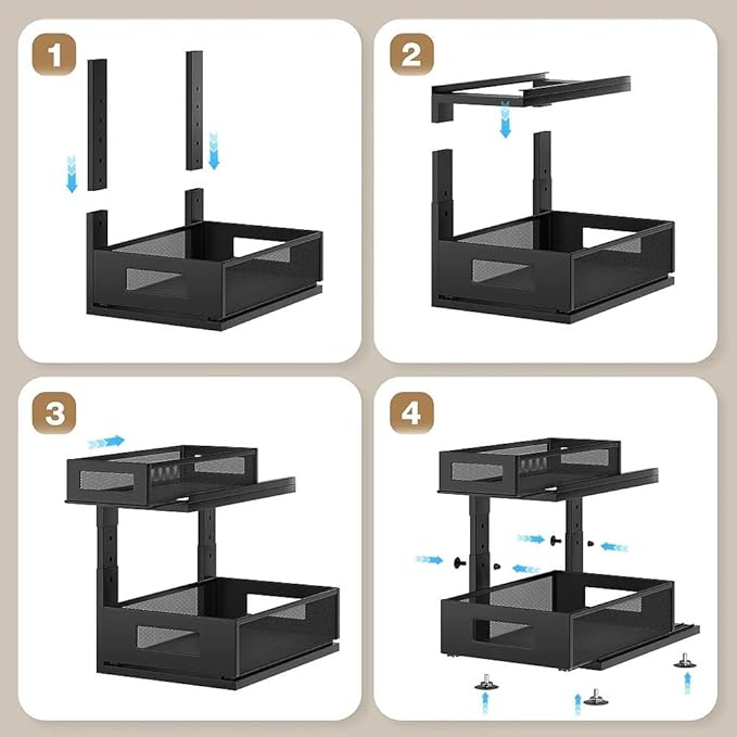 1 Pack 10.8"-14.9" H Under Sink Organizers and Storage Height Adjustable,2-Tier Pull Out Under Cabinet Shelf Organizer,Multi-Use Slide Out Drawer for Bathroom Kitchen Laundry-Black