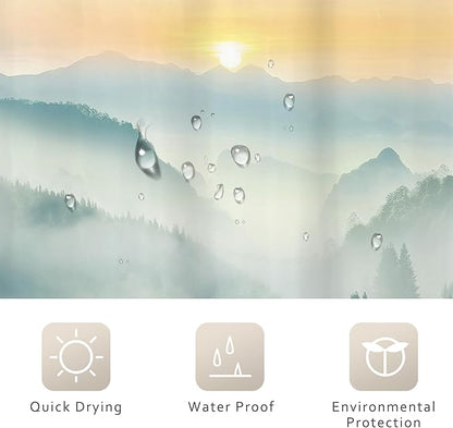 Riyidecor Extra Long Mountain Shower Curtain 72Wx84H Inch Green Yellow Sunrise Sunset Misty Scenery Landscape Nature Woodland Greenery View Bathroom Decor Fabric Polyester Waterproof 12 Pack Hooks
