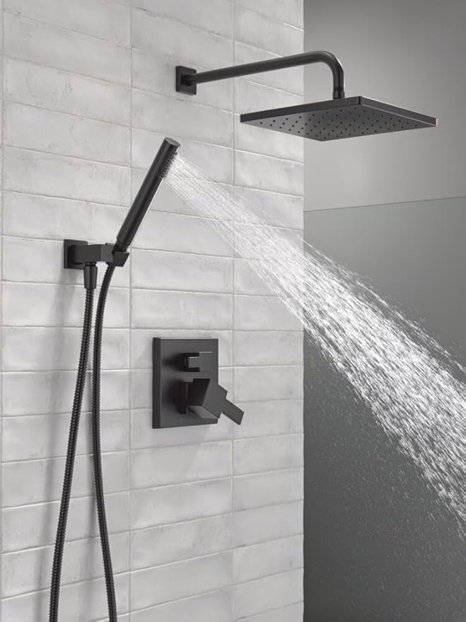 Delta Modern 14 Series Square Rain Shower System Faucet Set, Rainfall Matte Black Shower Head and Handle Set, Valve Trim Kit, 10 Inch, Matte Black 342701-BL