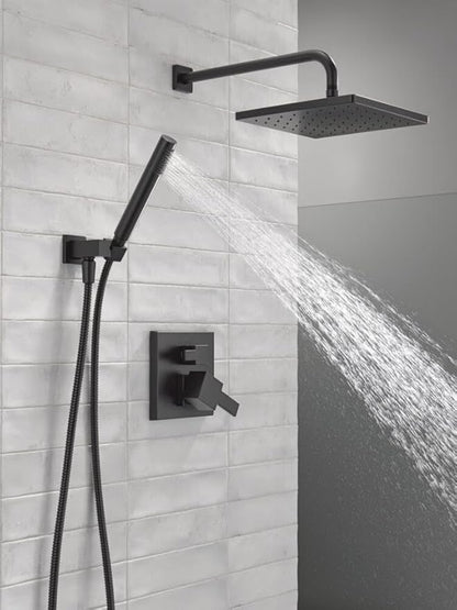 Delta Modern 14 Series Square Rain Shower System Faucet Set, Rainfall Matte Black Shower Head and Handle Set, Valve Trim Kit, 10 Inch, Matte Black 342701-BL