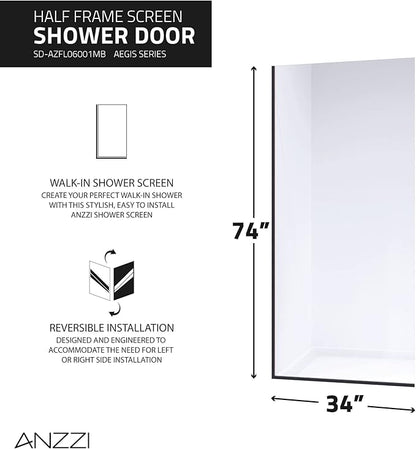 ANZZI 74 X 34 Inch Frameless Fixed Glass Shower Screen Shower Door in Matte Black | Screen Water Repellent Clear Tempered Glass Single Panel for Shower Room | Glass Screen Frame Hardware Complete Kit