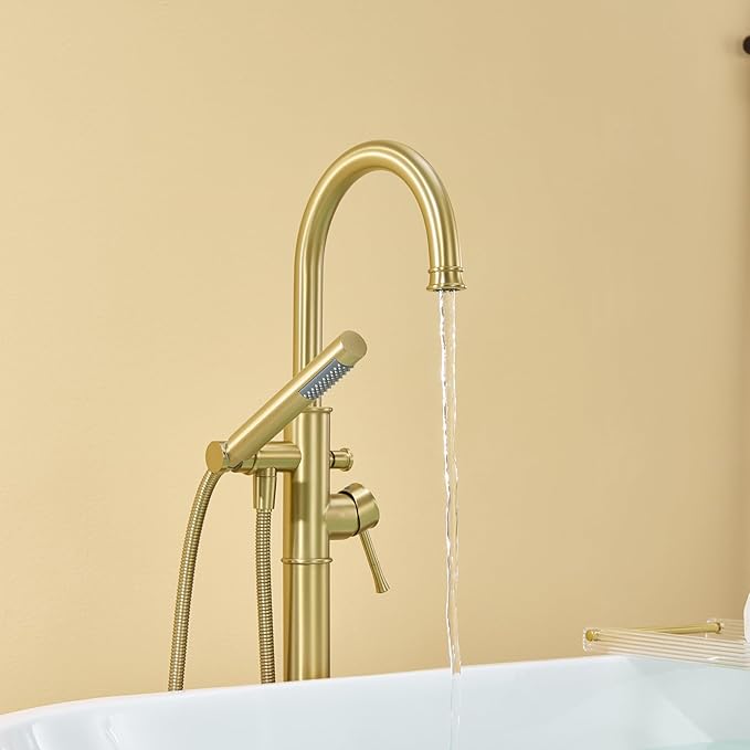 Free Standing Tub Faucet Brushed Gold Freestanding Bathtub Faucet Floor Mount Brass Bathroom Tub Filler with Hand Shower