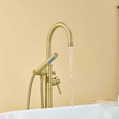 Free Standing Tub Faucet Brushed Gold Freestanding Bathtub Faucet Floor Mount Brass Bathroom Tub Filler with Hand Shower