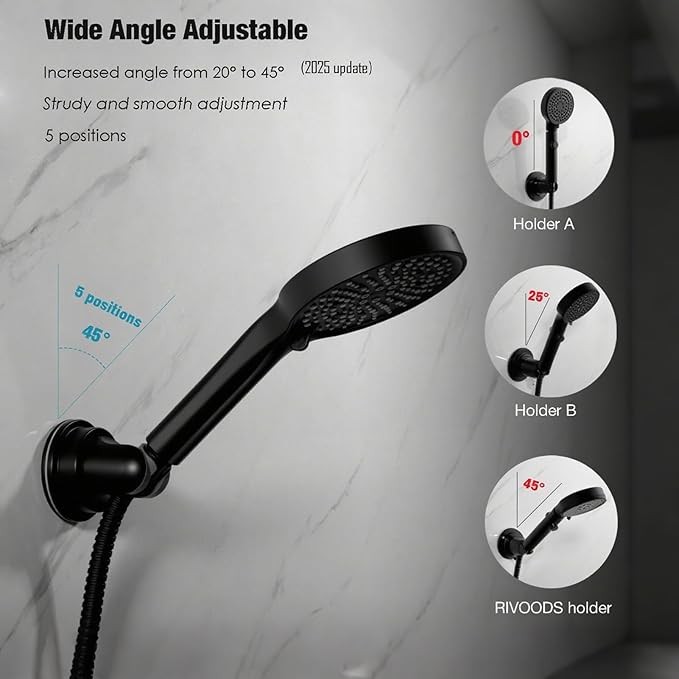 Hand held Showerhead Holder Wall Mounted with Suction Cup - Reusable- Wide Anlge Adustable Shower Hose Holder (Matte Black)