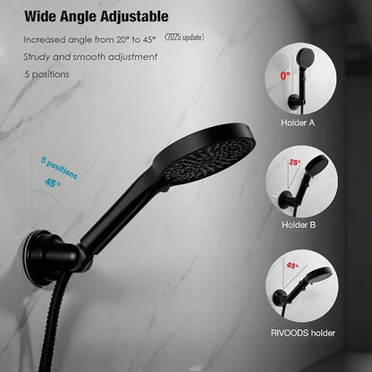 Hand held Showerhead Holder Wall Mounted with Suction Cup - Reusable- Wide Anlge Adustable Shower Hose Holder (Matte Black)