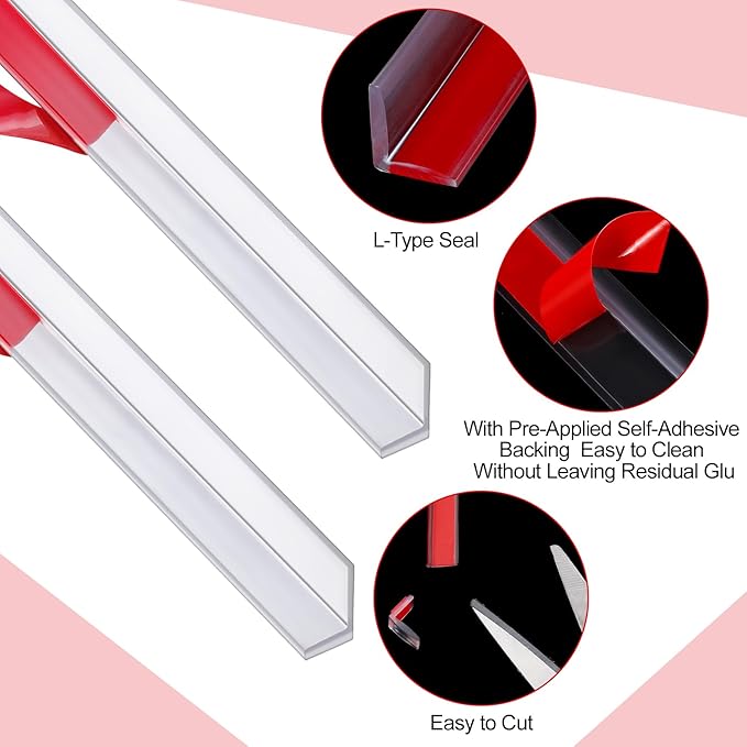 2 Pcs 3/8'' x 73'' Long Clear Vinyl L-Type Seal Strip with Pre-Applied Self Adhesive Threshold Water Dam Barrier Bathroom Glass Shower Door Seal Strip for Gap Frameless Shower Door
