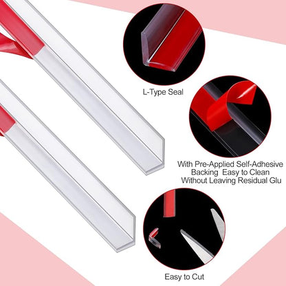 2 Pcs 3/8'' x 73'' Long Clear Vinyl L-Type Seal Strip with Pre-Applied Self Adhesive Threshold Water Dam Barrier Bathroom Glass Shower Door Seal Strip for Gap Frameless Shower Door