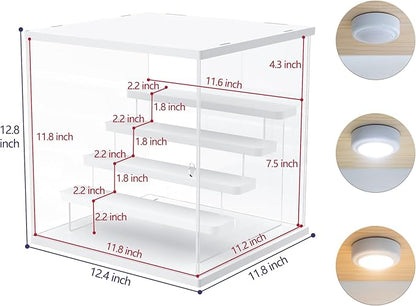 Choowin 5 Tier Clear Acrylic Lighted Display Case for Collectibles, Mini Figures, Pop Mart, Labubu, Sonny Angel, Smiski - Assemble Dustproof Display Box with Door, Stand (White Top Base, Clear Step)