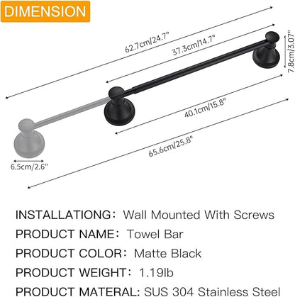 BESy Adjustable 16 to 26 Inch Bath Towel Bar Rack for Bathroom Towel Holder, Wall Mounted Towel Bar Rod Hanger Bathroom Hardware Accessories Hotel Style, Stainless Steel, Matte Black