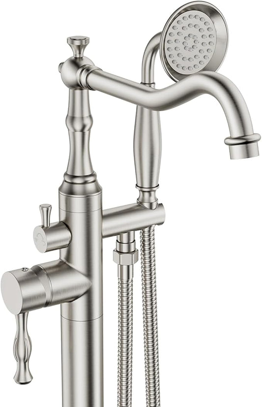 Brushed Nickel Bathtub Faucet Freestanding Tub Filler High Pressure Single Handle Bathtub Filler Floor Mounted Brass Bathroom Tub Faucets with Handheld Shower