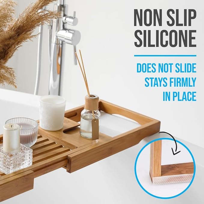 SereneLife Bamboo Bathtub Caddy with Luxury Gift Box and Red Gifting Ribbon Extendable & Adjustable Tray with Device/Book Holder with Removable Trays for Bath Accessories (Natural Color)