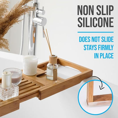 SereneLife Bamboo Bathtub Caddy with Luxury Gift Box and Red Gifting Ribbon Extendable & Adjustable Tray with Device/Book Holder with Removable Trays for Bath Accessories (Natural Color)