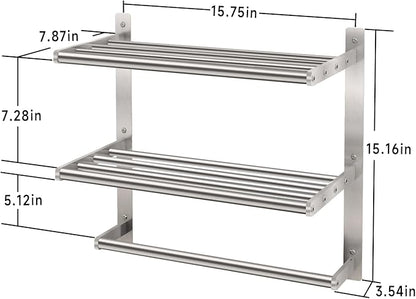 Towel Shelf for Bathroom Wall Mounted, 3-Tier Hotel Style Towel Rack with Towel Bars, Brushed Nickel Towel Racks for Bathroom Lavatory, 16 Inch