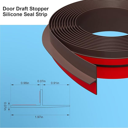 T-Shaped Door Draft Stopper, 1.97 in x 20 Ft Silicone Seal Strip for Windows Gaps, Weather Stripping Seal Strip Shower Sweep, Brown