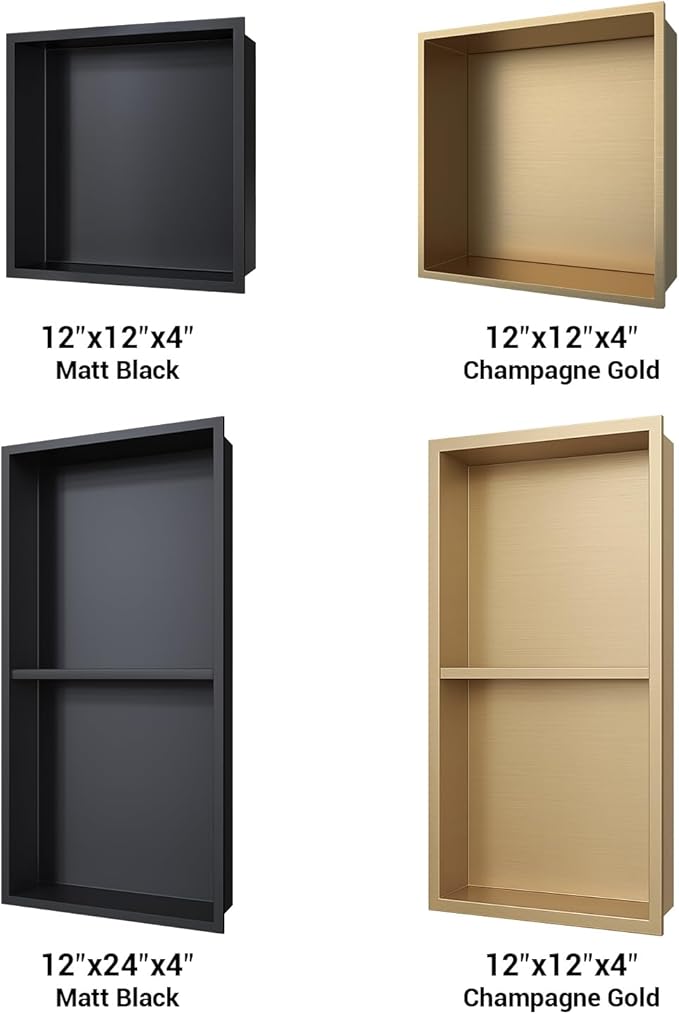 Shower Niche 12x24, Matte Black, No Tile Needed 304 Stainless Steel Recessed Wall Niche Insert with Double Shelves, Built-in Sloped Base Drainage, in-Wall Shower Storage for Bathroom Remodel