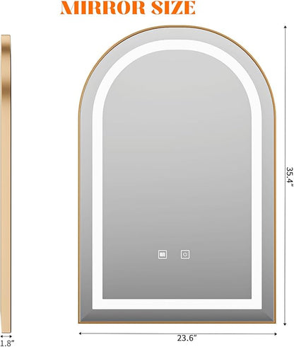 LED Bathroom Mirrors with Lights,24"x36"Black Arched Mirror for Bathroom,Fogless,3 Colors Dimmable,Anti-Fog,Wall Mounted Lighted Vanity Mirror,Gold