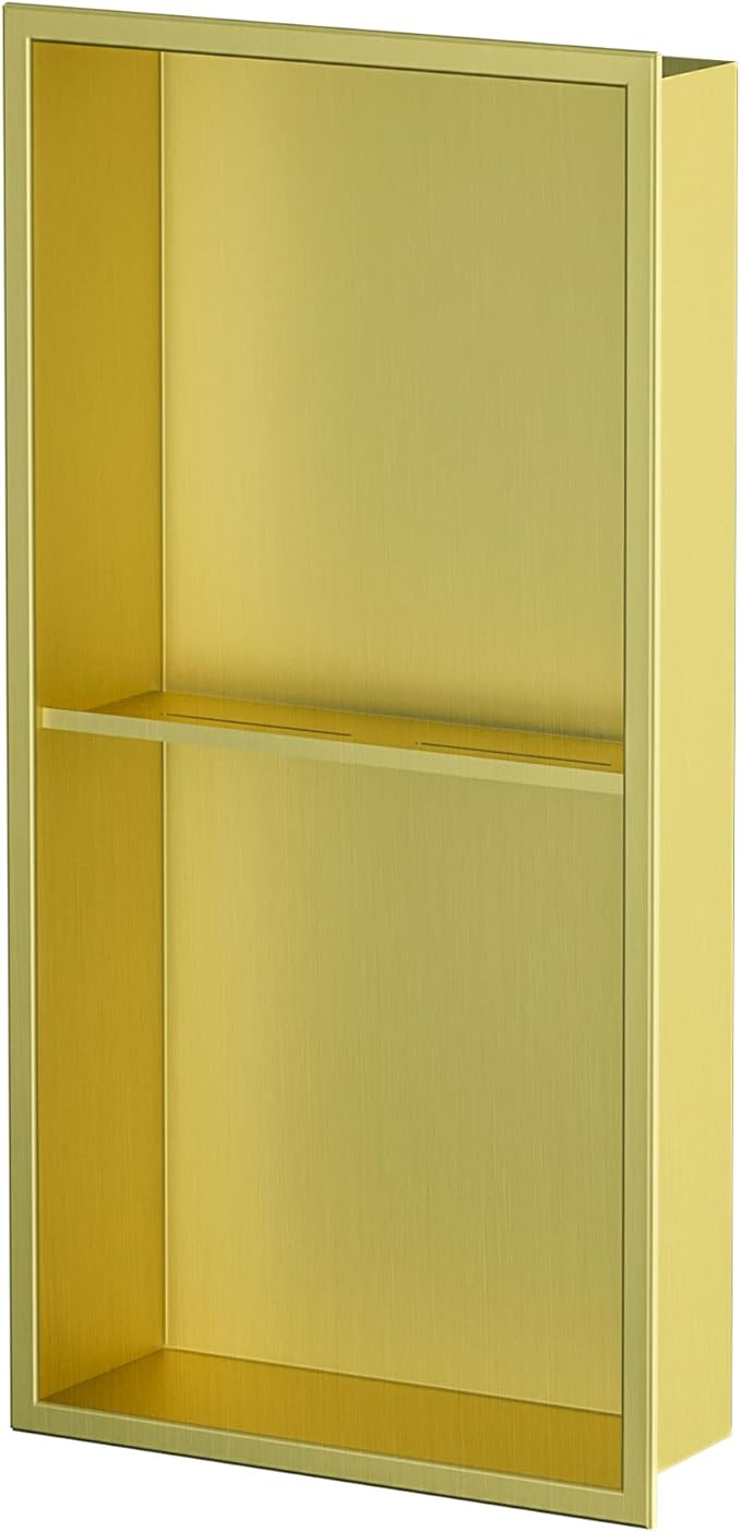 Neodrain Shower Niche Double Shelf Stainless Steel No Tile Needed Bathroom Niches Recessed in Wall, 2-Tier Recessed Wall Niche Waterproof Cubby(12X24Inch Golden)