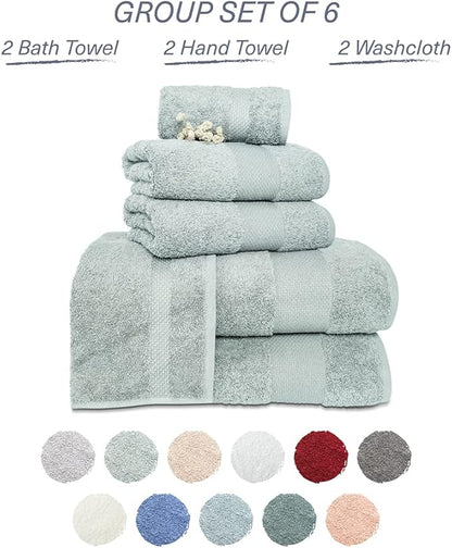 Hencely 6-Piece Bath Towel Set - High Absorbency, Quick Drying - 100% Soft Turkish Cotton - 2 Bath Towels, 2 Hand Towels, 2 Washcloths - for Bathroom, Home, Hotel, Spa, and Gym - 6-Pack Light Green