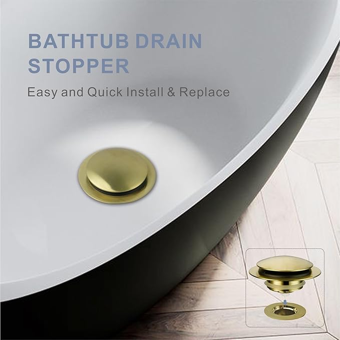 Gold Brushed Tub Drain Stopper,Universal Pop Up Bath Drain Plug Bathtub Drain Stopper,Hidrop Conversion Kit Assembly,Replaces Lift and Turn,Tip-Toe Plug Stopper for Tub,EZ Install(Gold Brushed)