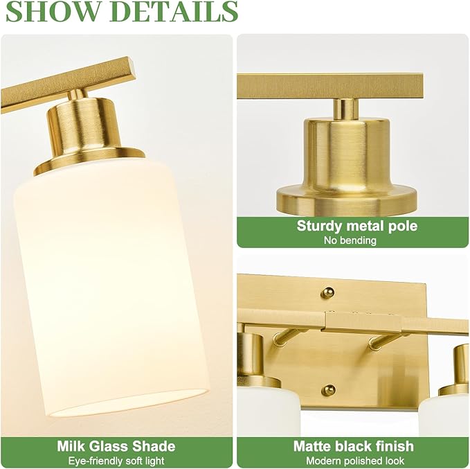 4-Light Bathroom Light Fixtures, Brushed Gold Vanity Light with Milky White Shades, Bathroom Lighting Fixtures Over Mirror, Modern Bathroom Wall Lamp for Mirror Living Room Cabinet Bedroom