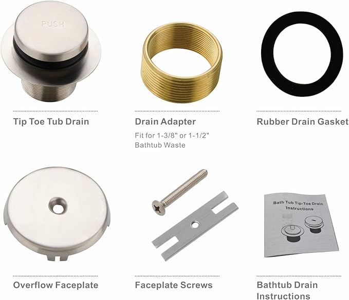 Tub Drain Tip Toe Bathtub Drain Conversion Kit Assembly, Brushed Nickel Replacement Bath Drain Trim Kit with Single Hole Overflow Faceplate and Universal Fine/Coarse Thread Assembly