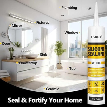 White Advanced Silicone Caulk, 100% Waterproof Silicone Sealant Indoor Outdoor Caulking for Window, Door, RV, Roof, Auto & Marine, Kitchen, Bathroom, Glass,15.2 oz（12-Pack） No Odor