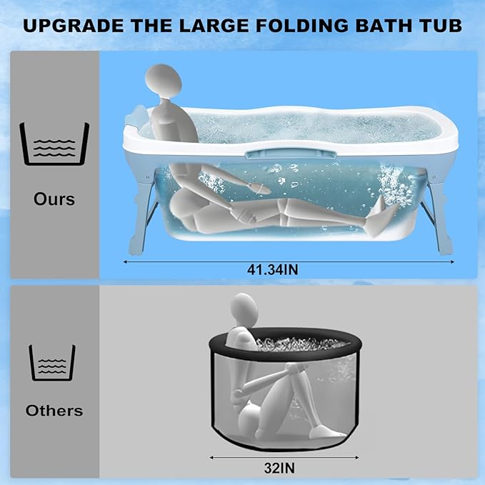 56" Portable Bathtub for Adult, No Installation, Foldable Tub for Shower, Folding Collapsible Bathtub Soaking Tub for Bathroom, Ergonomically Designed for The Ultimate Relaxing Soaking Bath Blue