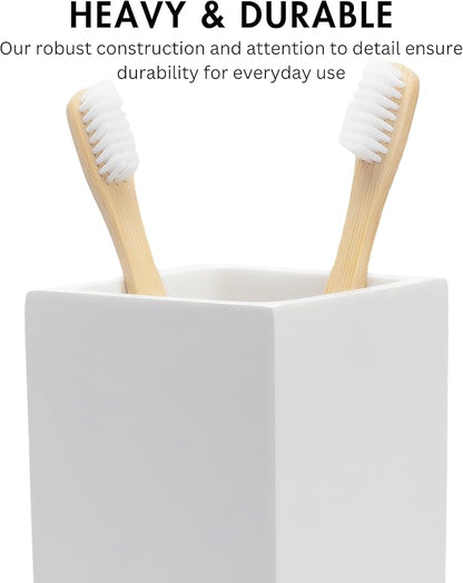 Matte White Toothbrush and Toothpaste Holder for Bathroom Vanity and Countertop, Square Organizer for Electric Toothbrushes, Floss, Razors, Cotton, and Mouthwash