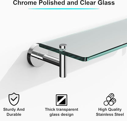 Glass Shelves for Bathroom,16-Inch Chrome Polished Floating Bathroom Shelf Stainless Steel Tempered Glass Shelf Modern Shelves Wall Mounted