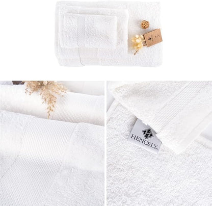 Hencely 6-Piece Bath Towel Set - High Absorbency, Quick Drying - 100% Soft Turkish Cotton - 2 Bath Towels, 2 Hand Towels, 2 Washcloths - for Bathroom, Home, Hotel, Spa, and Gym - 6-Pack White