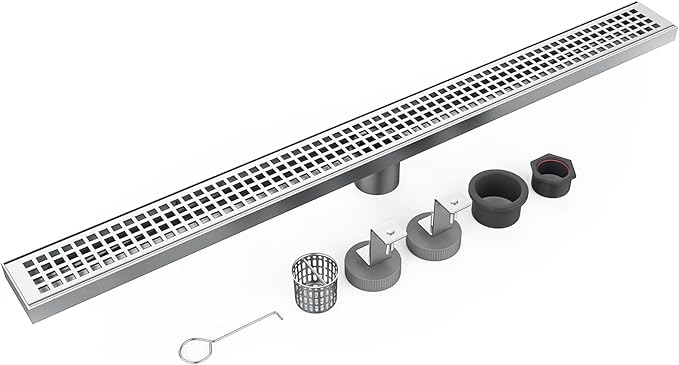 32 Inch Rectangular Shower Floor Drain, Brushed Nickel High Flow Shower Drain Kit with Flange with Hair Filter, Removable Grate Cover, 304 Stainless Steel, Abs Fixing Tray (Brushed)