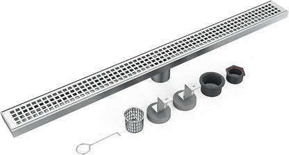 32 Inch Rectangular Shower Floor Drain, Brushed Nickel High Flow Shower Drain Kit with Flange with Hair Filter, Removable Grate Cover, 304 Stainless Steel, Abs Fixing Tray (Brushed)