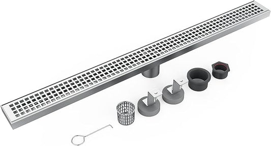 32 Inch Rectangular Shower Floor Drain, Brushed Nickel High Flow Shower Drain Kit with Flange with Hair Filter, Removable Grate Cover, 304 Stainless Steel, Abs Fixing Tray (Brushed)