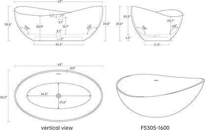 63'' Solid Surface Freestanding Bathtub Matte Soaking Bathtubs Tubs Oval Resin Stone Bathtubs with Overflow and Pop-up Drain - White