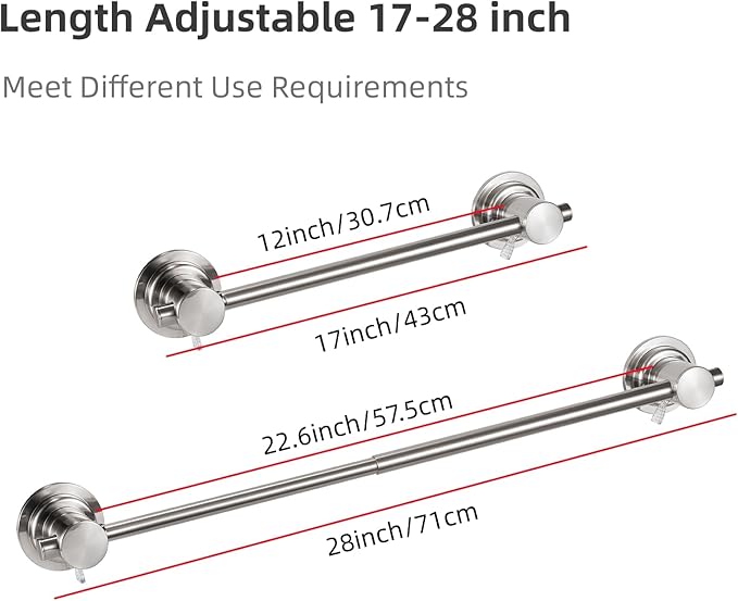 JiePai Extendable 17-28 inch Suction Cup Towel Bar,Bath Shower Towel Holder Shower Door Adhesive Towel Bar Suction Towel Rack (Suction Cup, Brushed Nicke)