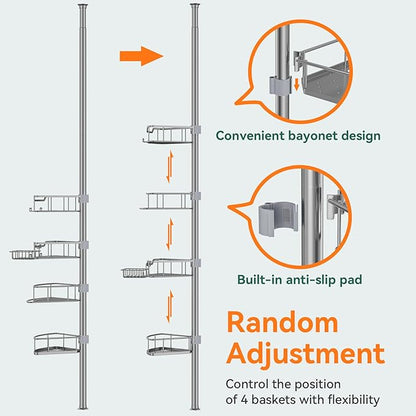 Corner Shower Caddy Tension Pole Rustproof, 4 Tier Adjustable Shower Organizer Tension Pole, 25-125 Inch Bathroom Shower Organizer for Bathtub Shampoo Storage, Silver